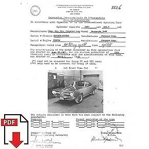 1968 Chrysler Plymouth Barracuda 340 S FIA homologation form PDF download